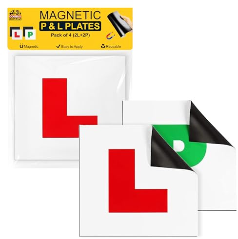 Double Dragon 4-Pack Fully Magnetic L & P Plates (2 L + 2 P) | DVLA Legal 178x178mm | UK Road Legal Signs | Extra-Strong 1.25mm Rubber Magnet, Glossy PVC Finish | Durable, Scratch-Free & Weatherproof