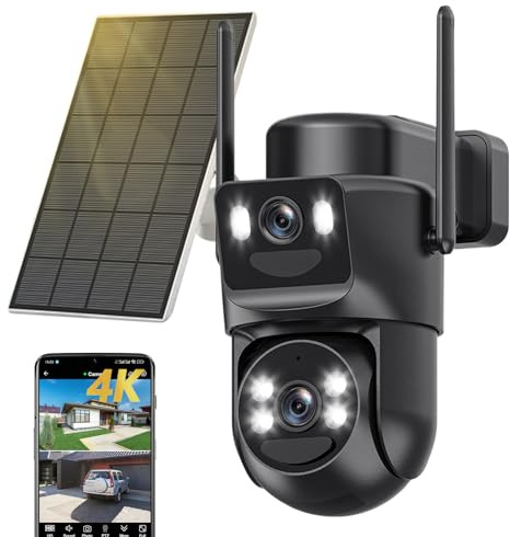 8MP Caméra Surveillance WiFi Extérieure sans Fil Double Objectif,4K Détection Humaine avec Panneau Solaire,360°Camera Exterieur,Vision Nocturne Couleur,Audio Bidirectionnel,Suivi Automatique,2.4G/5GHz