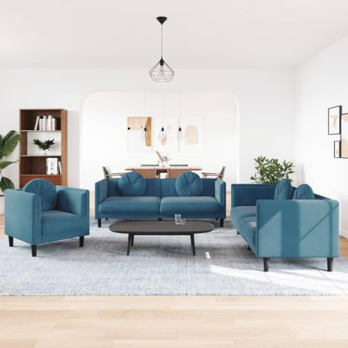 Emmtore Sofagarnitur, Sessel Couch Sofa für Wohnzimmer, Loungesofa Polstersofa mit Kissen, Couchgarnitur Sitzmöbel,Modern,Blau,1-Sitzer + 2-Sitzer + 3-Sitzer