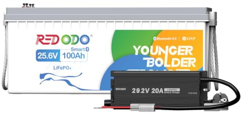 Redodo 24V 100Ah Bluetooth Lithium LiFePO4 Akku und 29,2V 20A Ladegerät-Set, 2560Wh, Bis zu 15000 Zyklen, Ideal für Trolling-Motor, Wohnmobile, Marine, Boote und Solar-Heimsysteme