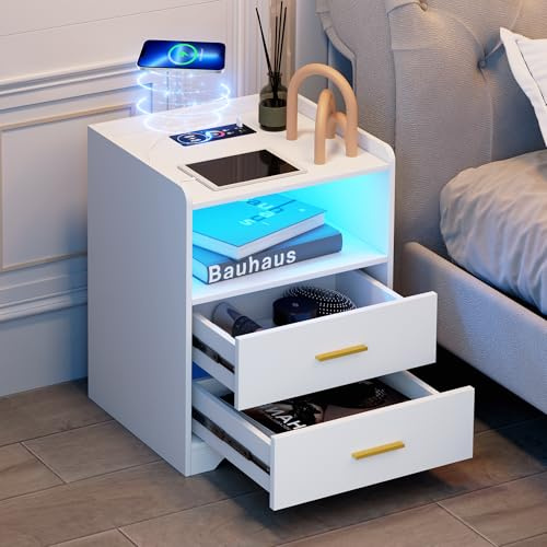 Vlsrka RGB Nachttisch mit Ladefunktion, Nachttische Holz Schlafzimmer | LED Nachttisch mit USB und Type-C Stecker, Nachtschrank mit 24 Farben Licht, Moderner Nachtschrank mit 2 Schubladen, Weiß