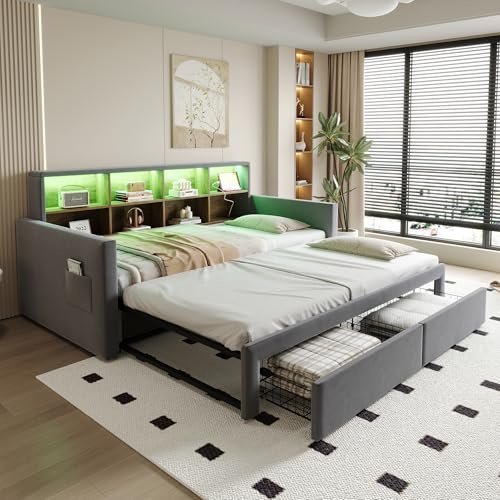Polsterbett Schlafsofa 90×190 cm mit ausziehbarem Doppelbett 180 cm, Kopfteil mit Stauraum, LED-Lichtleiste & Steckdosen (USB/Typ-C), Samt gepolstertes Multifunktionsbett (Grey, 90/180 x190cm)