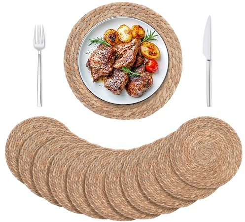 12PCS Round Woven Placemats, 30cm Table Mats Natural Cattail Handmade | Place Mats for Table, Rattan Placemat for Family Dinner, Holiday Wedding Celebration Decor