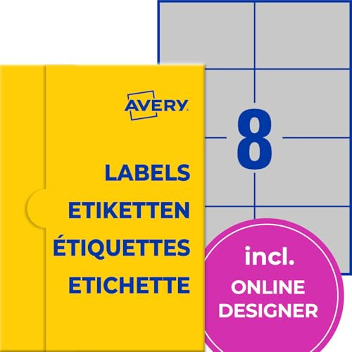 AVERY Zweckform Typenschild Folienetiketten (200 Aufkleber, 105x74mm auf A4, stark selbstklebend, strapazierfähig, wetterfest, bedruckbare Klebefolie, blanko) 25 Blatt, silber