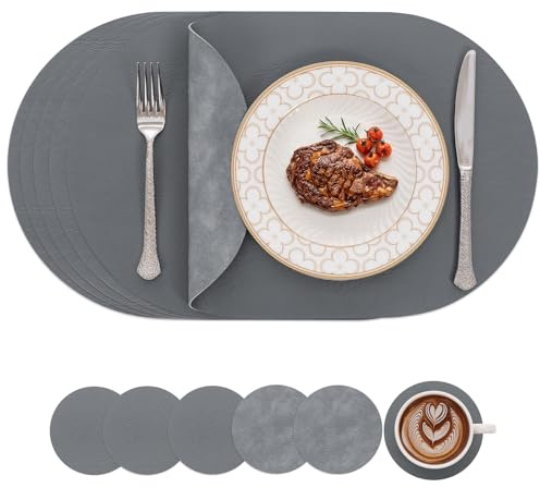 SHACOS Sets de Table Antidérapants et Double Face, Lot de 6 Sets de Table Résistant à la Chaleur Lavables, Décoration de Cuisine, Ovales 43x30 cm, Gris