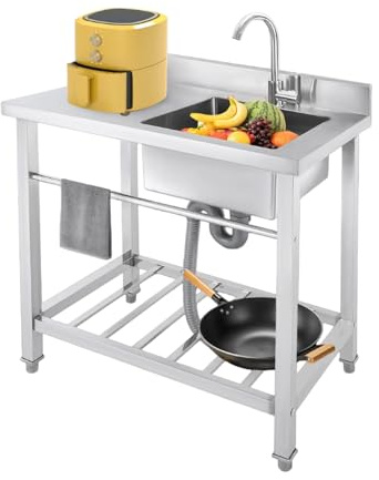 Mqwdxzfes Edelstahl Küchenspüle, Freistehendes Einzelbecken mit Rechtem Abtropffeld, Arbeitstisch Gastrospüle Spültisch mit Wasserhahn und Ablage für Restaurant Bar Küche 80x55x84cm(Rechte Spüle)