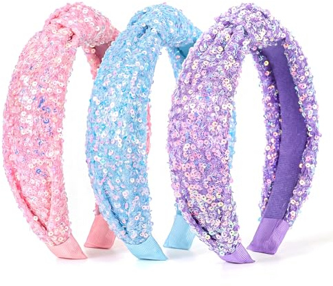 PEOVLVN 3 Pcs Headbands for Girls, Glitter Sequin Knotted Headband for Women Cute Headbands Hair Accessories for Girls Easter Basket Stuffers Summer Outdoor Outfits (Purple, Blue, Pink)