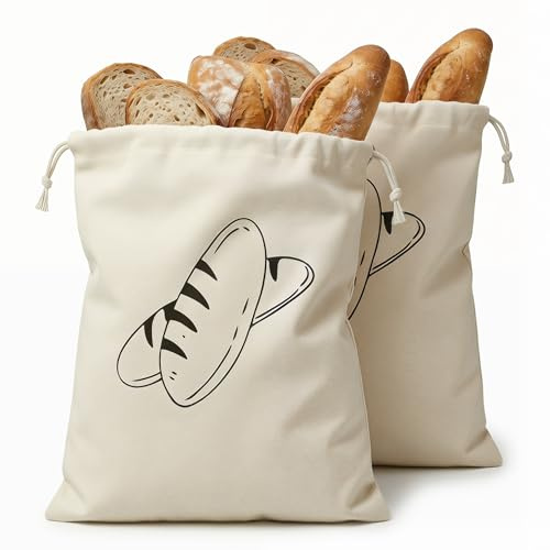 Solvio 2PCS Linen Bread Bags for Homemade, Large Reusable Bread Storage Bags with Drawstring, Eco-Friendly Food Storage for Sourdough, Keep dough Fresh
