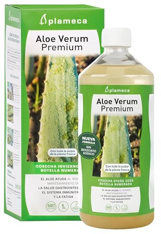 PLAMECA - Aloe Verum Premium, Aloe Vera Bebida, Jugo, Zumo, Sin Pasteurizar, Sin Edulcorantes, en Frío, Ayuda a la Salud Gastrointestinal, el Sistema Inmunitario y ante la Fatiga, Sabor Puro - 1 L