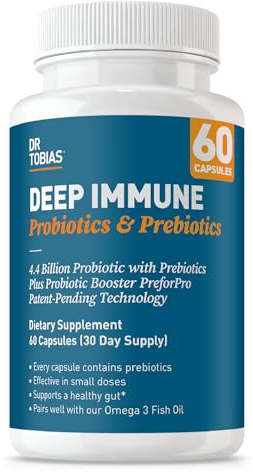 Dr. Tobias Deep Immune Probiotics & Prebiotics - Dual Action Digestion & Immune Support with PreforPro Prebiotics & Delayed Release Spore Forming Probiotics for Women & Men - 60 Capsules (30 Servings)