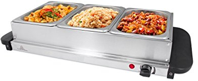 Invero® Compact 3-Section Stainless Steel Food Buffet Server and Warming Hotplate Tray with Adjustable Temperature Control, Clear Lids and Cool Touch Handles - 200W