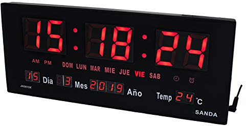 Sanda SD-4130 Reloj Digital de Pared y Mesa Led Color Rojo Calendario Termometro Alarma Despertador Clock Hora Fuente de Alimentacion