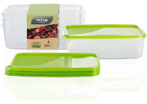 MiraHome Gefrierdosen 4x3L rechteckig grün – Vorratsdosen mit Deckel luftdicht – Transparente Frischhaltedosen mit Deckel – Aufbewahrungsbox Küche für Mealprep & Organisation – Austrian Quality