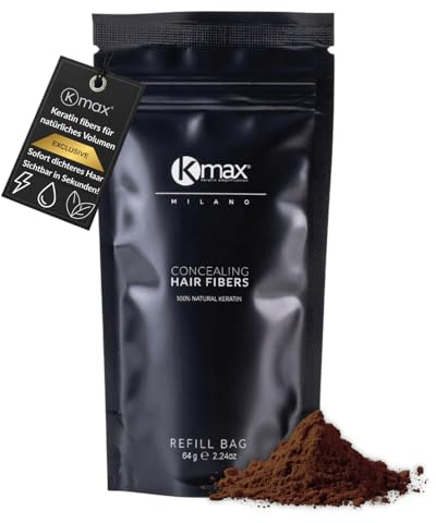 Kmax Hair Fibers, Fibras de Queratina para cabello de acción redensificante y para cubrir la calvicie- Tamaño Refill (64 gr) (Castaño medio)