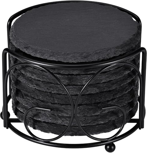 GOH DODD Lot de 8 dessous de verre ronds en ardoise avec support en métal, 10,2 cm, pour la maison, l'extérieur, la cuisine, l'appartement, cadeaux de pendaison de crémaillère, fête de mariage, rond