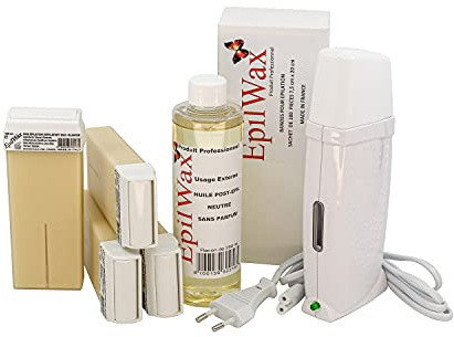 EpilWax - Kit Chauffe Cire Épilation Professionnelle avec 4 x Recharges Roll on Cire à la Vanille, 100 x Bandes d'Épilation et Huile après Épilation - Gamme Royal