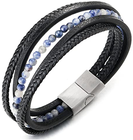 COOLSTEELANDBEYOND Multi-Strang Armband Edelsteine Wulst Kette Geflochtene Leder Schweißband Edelstahl Magnetverschluss