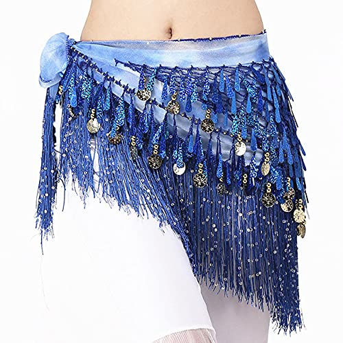 Gürtel Frauen Bauchtanz Kostüme Zubehör Pailletten Quaste Hüfte Schal Bauchtanzgürtel Hüfte Schal Bauchtanz Bauchtanz kostüm (Color : Blue with Sequins, Size : One Size)
