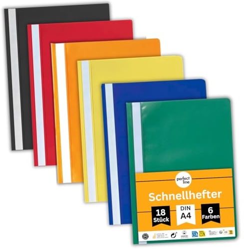 perfect line - 18 Schnellhefter (PP) DIN-A4, 6 Farben, recycelbarer Kunststoff (PP), mit Beschriftungsstreifen, kaufmännischer Heftung