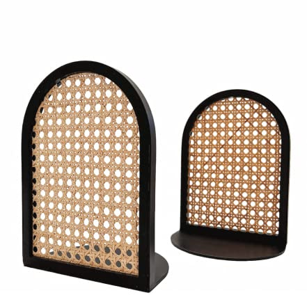 PurpleWares Buchstützen aus Rattan-Metall, strapazierfähig, schwarzer Stahlgeflecht, Buchstützen-Stopper, einzigartig, natürlich, dekorativer Stock, Bibliothek, Bürodekoration (groß/groß)