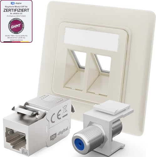 hb-digital 2X Anschlussdose Netzwerkdose LAN Dose Unterputz mit RJ45 Keystone Modul CAT 6a und vernickelt F-Verbinder Keystone F-Buchse Keystone-Halterung Adapter - Reinweiss