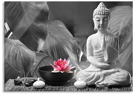 Pixxprint Glasbild, Wandbild aus Echtglas, Buddha mit Seerose, 100x70 cm, inkl. Aufhängung und Abstandshalter