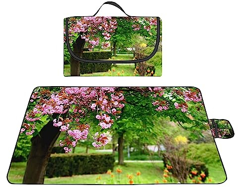 Picknickdecke 200x200cm,XXL Picknickdecke mit Wasserdichter Unterseite,Outdoor Stranddecke Sandfrei,mit Tragegriff Faltbare Picnic Blanket für Camping,Strand,Park,Familie,Konzerte Rosa Baum Blume