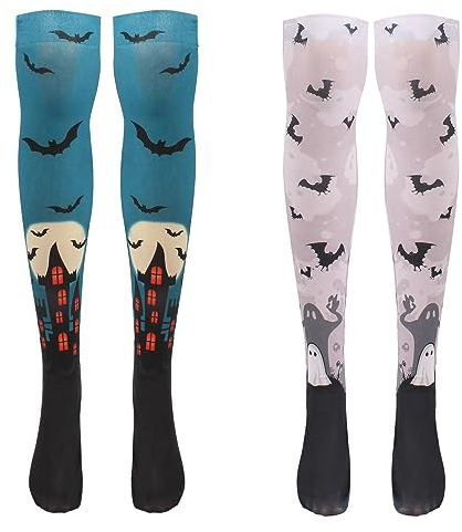 MilyaDE 2 Paare Damen Halloween Horror Kniestrümpfe Overknee Fledermaus Zombie Karneval Fasching Party Beinstulpen, Grau+Blau