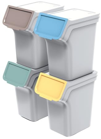 Keden Stackbox Juego de Cubos de Basura para Reciclaje Sistema de Separación de Residuos (4x 20 L, Ceniza)