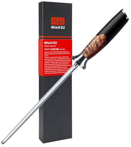 SHAN ZU Asta per Affilare 20 cm, Affilacoltelli Manuale Professionale, Adatta a Molti Tipi di Coltelli, Manico Ergonomico in Legno di Acero