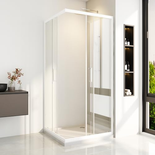 Duschkabine Eckeinstieg 80 x 80 cm Weiß Eckdusche Doppel Schiebetür Duschabtrennung Duschschiebetür aus 6 mm Sicherheitsglas (ESG),Höhe 185 cm(Ohne Duschwanne)