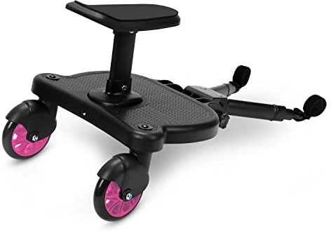 Yugodex Buggy Board avec siège, planche Kiddy avec siège, marchepied pour poussette universelle, design à deux roues à 360°, pour enfants de 2 à 6 ans, poussette de 25 kg (rose)