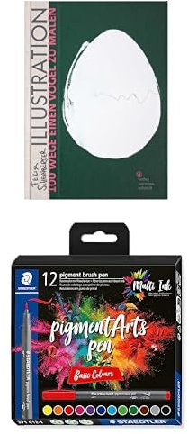 Buch + Stifte - Illustration: 100 Wege einen Vogel zu malen (von Felix Scheinberger) und 12 STAEDTLER brush pens pigment Arts basic colours