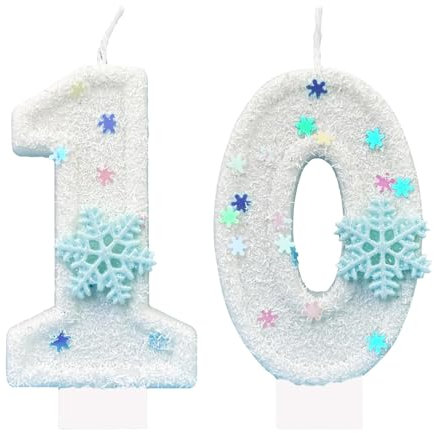Ronoza® Geburtstagskerzen Zahlen 10 Frozen mit Schneeflocke, Kerzen Geburtstag, Geburtstagskerze Weiß, Geburtstagskerzen für Torte, Kerze 10, Kerzen Zahlen, Schneeflocke Pailletten Geburtstagsdeko