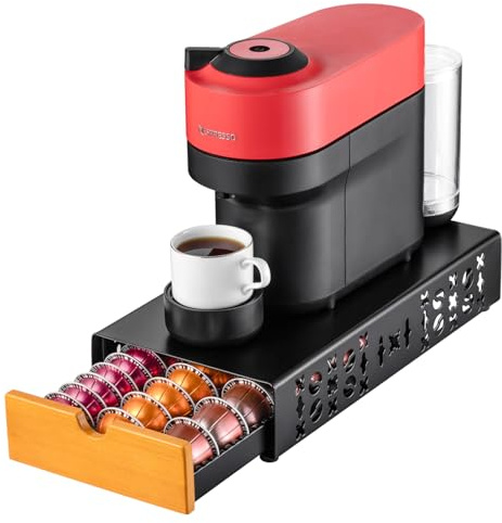 FlagShip Coffee Pod Holder for Nespresso Vertuo Pod Organizer Fits All Vetuo Pods Black Metal With Wood Handle