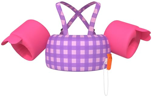 HeySplash Gilet da Nuoto per Bambini, Braccioli Galleggianti da Bambini con Peso 22-44lbs Anni 2-6, Giubbotto Galleggiante Bracciali Nuoto con Cinghia Regolabile per Bambini, Plaid Viola Rosa