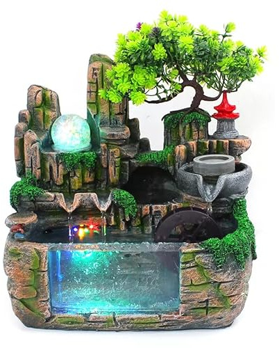 Zimmerbrunnen mit LED und Vernebler, Beleuchtung Desktop Brunnen Zerstäuber Tischbrunnen mit Deko-Steingarten und Teich Wasserspiel Desktop Wasserfall mit Luftbefeuchter für Büro Café Dekoration