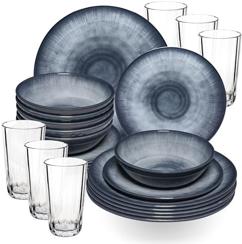 Jesolo Service de table en mélamine pour 6 personnes – 24 pièces – avec verre transparent de 300 ml – en grès acrylique – Passe au lave-vaisselle – Accessoires de camping, caravane, camping, festival