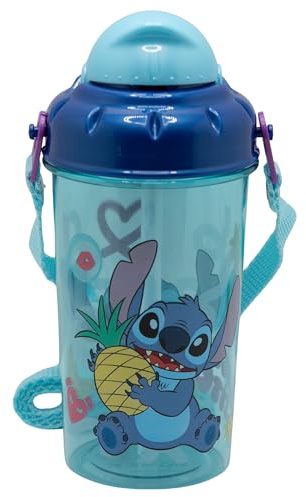 STOR Barnvattenflaska med Sugrör Stitch 465ml - BPA-fri Plastflaska med Lock och Axelrem för Skola och Sport