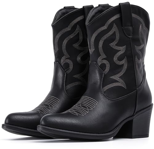 IXU Cowboy Boots for Women Suede Ankle Western Cowgirl Boots Mid Calf Pointed Toe Short Chunky Classic Booties, Black, 6 UK Wide