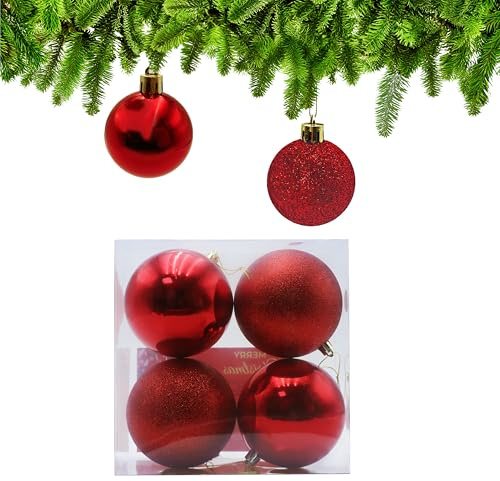 Xcdhemde® 4 Bolas de Navidad 10cm, Bolas Grandes Navidad, Bolas Navideñas de Plástico, Navidad de Plástico Son adecuadas para Interiores y Exteriores(Rojo)