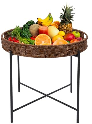 TouTToNG Tavolino rotondo intrecciato in rattan animitat con vassoio rimovibile con piedini pieghevoli, 48 x 42 cm, per soggiorno, divano, camera da letto
