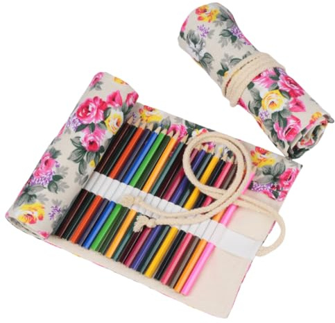 Pencil Roll Wrap Rose Palm Leaf Maple Leaf Plant Pattern Canvas Pen Curtain Sketch Multi-Size Roll Pen Bag-Peony-108 Holes