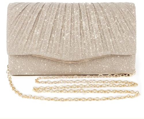 BellaBlend Glitzernde Clutch Beige Handtasche für Damen, Elegante Abendtasche für Hochzeit, Cocktail, Party & Festliche Anlässe, Mit Abnehmbarer Schulterkette, Vielseitig als Clutch (Gold)