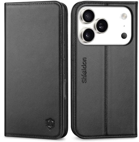 SHIELDON Echtleder Hülle für iPhone 17 Pro 6,3 5G 2025, Schwarz | Handyhülle, TPU Magnet Lederhülle, Schutzhülle, 3 Kartenfächer, Standfunktion, RFID Blocker, Handy-Ösen, Klapphülle
