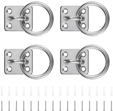 PARFCO Ganchos Anclaje Pared, 4 Piezas 304 Acero INOX Anillo para Atar Caballos, Ojal 8 mm, Cuadrado Argollas para Pared, con Tornillos y Tubo Expansión, para Columnas Madera, Paredes, Techos