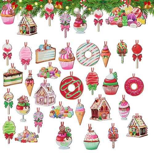 TENGWA 30 Pièces Bois Decoration Noel Kit Deco Noel Éléments Classiques Sujet de Noel en Bois avec Fil de Suspension Coloré Styles Variés pour Décorations de Fête et Projets Bricolage