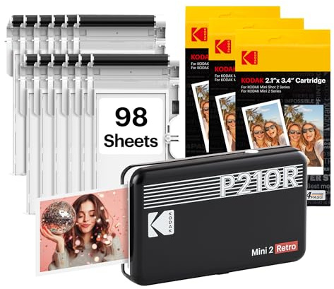 KODAK Mini 2 Retro Stampante Fotografica Portatile 5,3 x 8,6 cm, 98 Fogli, Stampante Bluetooth per Smartphone iPhone & Android, Stampa a Colori Istantanea, Sublimazione 4PASS