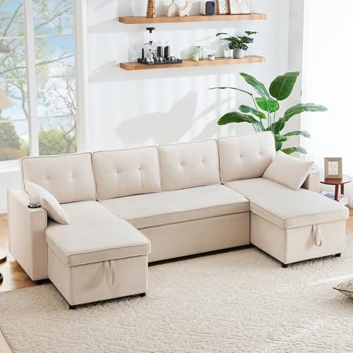 OKMYHOME Schlafsofas – Ecksofa mit 4-Sitzer, ausklappbar, mit Aufbewahrungsbox und Getränkehalter, Baumwollstoff – Beige