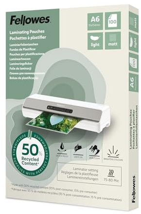 Fellowes A6 Laminierfolien – 100 Stück, 75/80 Mikron, Matt – 50% Recyclinganteil, perfekte Laminierhüllen für Dokumente, Unterricht & Büroalltag